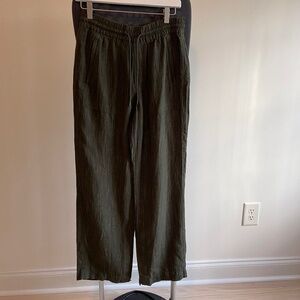 Athleta Retreat Linen Stripe Wide Leg Pants Olive Green Cream Split Hem XS